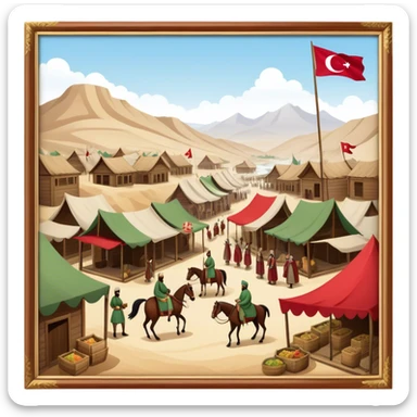 Early Ottoman settlement being built. Wooden houses, tents, and a small market. People in traditional Ottoman clothes, soldiers on horseback, and a flag waving sticker