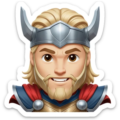 Cinematic Realistic Thor Portrait, head tilted playfully and inquisitively, showcasing his robust form and a warm, disarming smile. His expressive eyes and detailed armor are captured with lifelike clarity, as soft natural highlights reveal a side of the mighty god that is both approachable and full of mirth. sticker