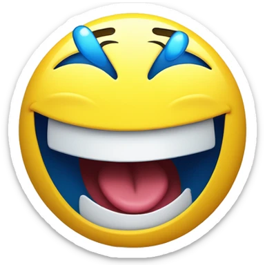 A 3D cartoon emoji of a yellow face laughing hysterically, tilted sideways, with closed 'V'-shaped eyes, a wide open smile, and blue tears of joy, in a bright and glossy style. sticker