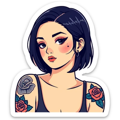 black haired girl with tattoos and makeup sticker