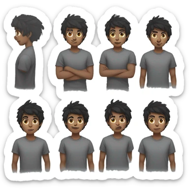 portrait, boy with messy black medium-length hair, black beanie, gray shirt, silver nose piercing sticker