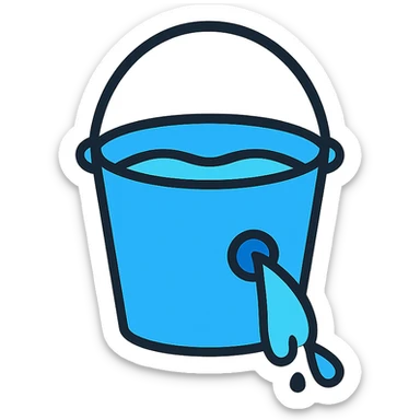 blue bucket of water with a hole in the side, water pouring out, color outline icon style sticker