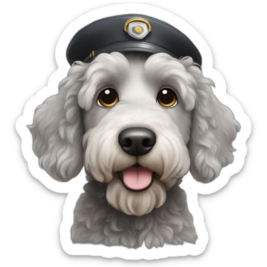 black and grey labradoodle dog's face with short ears and a long nose and a pilot cap on sticker