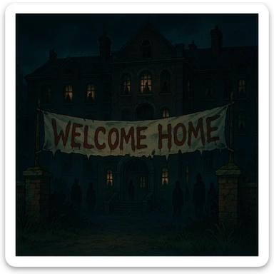creepy banner, abandoned asylum with flickering lights and shadowy figures, psychological horror style sticker