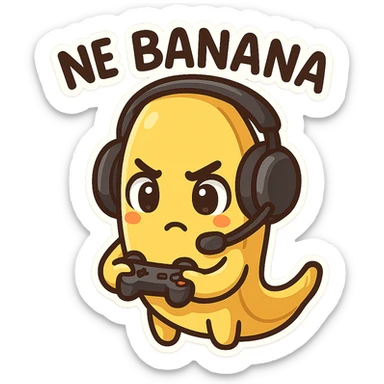 Cartoon banana wearing headset, holding tiny controller, focused expression, text above: "NE BANANA", chibi style, Twitch emoji style, transparent background, colorful sticker