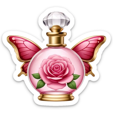 An elegant perfume bottle in Angel Pink with gold accents, surrounded by delicate butterflies with Rose Red and Deep Red wings, gracefully fluttering in a warm, romantic glow. sticker