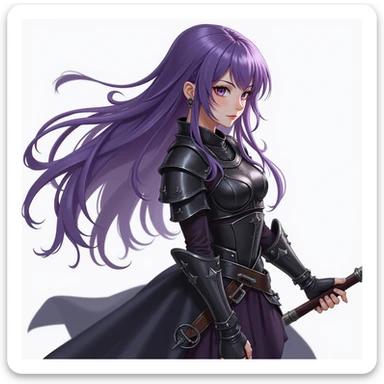 A mysterious warrior girl with flowing purple hair, dressed in black armor, in a dynamic pose, detailed fantasy illustration. sticker