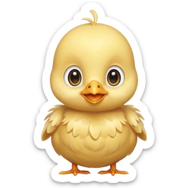 Cute baby chick named Lex, smiling with big shiny eyes, soft yellow feathers, round head, very adorable emoji style sticker