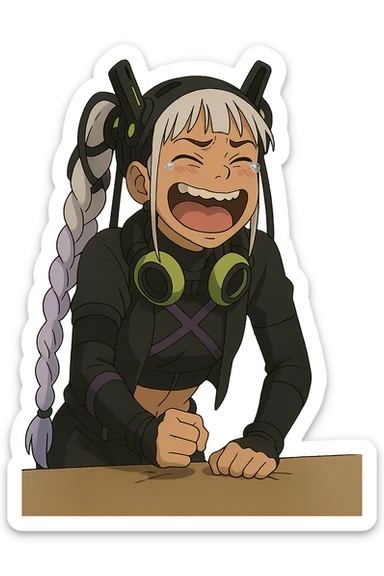 1 female, single long white braid with lavender tips. Cybergoth futurepunk, crying from laughter, pounding her fist on a table, “wheeze emoji” facial expression, hilarious  sticker