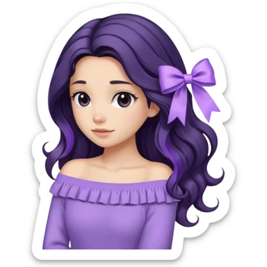 Girl with black wavy long hair and a ribbon hair clip beside it make it look like wearing a lavender off shoulder sweater make its hair stay in the back sticker