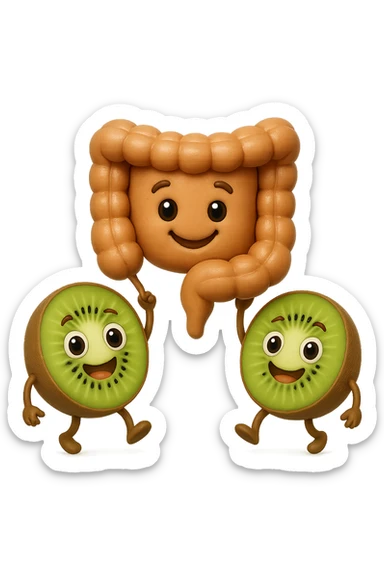 emoji stile iphone di kiwi fluttuano in aria tenendo in mano un pezzo di colon con espressione felice in volto, iperrealistico 4k sticker