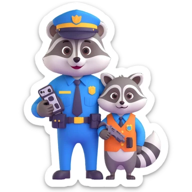 Add a mischievous pet raccoon next to the large, goofy federal agent in 3D cartoon style with transparent background. sticker