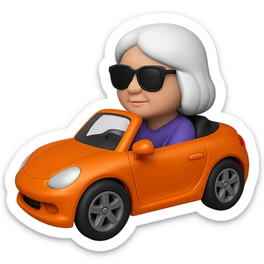 Show the old lady with white hair in the orange sports car from a side angle, in 3D emoji style, realistic, wearing sunglasses, no background. The style should resemble Microsoft style 3D fluent emojis with realistic details and no background. sticker