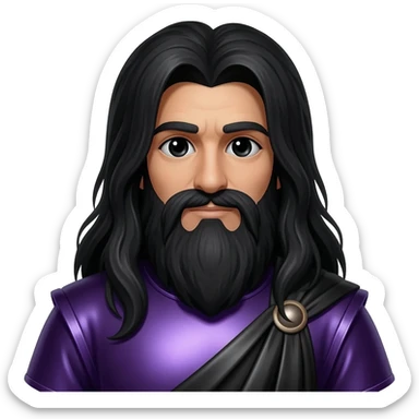 Pluto from Roman Mythology with black eyes, long black hair and beard, dark purple metallic tunic, black metallic cloak sticker