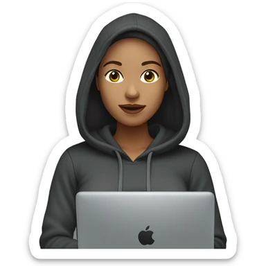 light skin woman in a dark grey hoodie, holding black laptop sticker