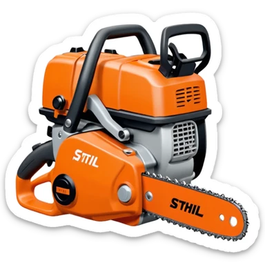 Kettensäge vom STIHL mit grauem Gehäuse, orangenem Deckel und schwarzen Griffen, die Schiene ist Grau mit Kette, seitlich ist das STIHL Logo in weißer Schrift in einem orangenem Kreis platziert sticker