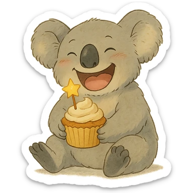 full-body laughing koala holding cupcake with star candle, soft Ghibli style sticker