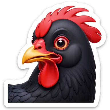 Cinematic Comical Black Chicken Portrait Emoji, Head tilted dramatically with an exaggeratedly amused expression, featuring a sleek, glossy black plumage with a bold red comb, wide, expressive beady eyes filled with playful disbelief, Simplified yet hilariously expressive features, highly detailed, glowing with a slightly sassy glow, high shine, dramatic yet playful, stylized with an air of cheeky mischief, bright and endearing, soft glowing outline, capturing the essence of a spirited and over-the-top chicken, so meme-worthy it feels like it could cluck its way into internet fame instantly! sticker