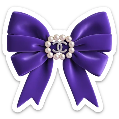 shiny velvet bow with pearls and silver Chanel logo, elegant, glossy, black and white, 3D emoji style sticker