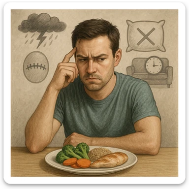 Realistic style illustration of a thoughtful 30-year-old man sitting at a table, looking suspiciously at a plate of vegetables, brown rice, and chicken. Behind him, transparent symbolic elements: a storm above the head representing stress, a sewn mouth representing repressed emotions, a pillow with an X representing insomnia, and a sofa with a clock representing sedentariness. Neutral atmosphere, realistic and symbolic style. sticker