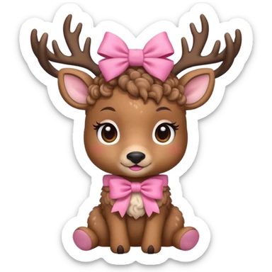 cute deer with curly fur, sitting down, wearing a bow on its head. sticker