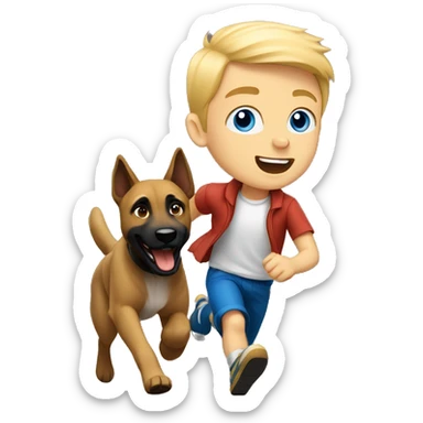 blond boy with blue eyes running with his malinois dog sticker