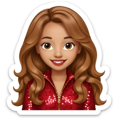 Jade Thirlwall from Little Mix with long light brown hair, red sequin outfit sticker