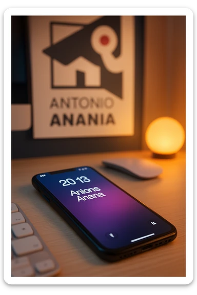 A photo of an iPhone on the desk with the message "Antonio Anania" on its screen, The phone sits atop a desk with a blurred with the logo in the background that suggests work environment. A faint glow from above casts gentle shadows across the surface of each object, creating depth and highlighting their textures sticker