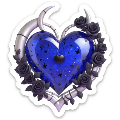 gothic heart made of midnight blue glass with a silver crescent moon, tiny black roses, shimmering stardust, cracked glass texture sticker