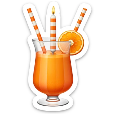 An orange fruit with a horizontal red stripe around the middle. 4 vertical cocktail sticks in the orange with small pieces of candy on the sticks. On top of the orange a small white lit candle. sticker