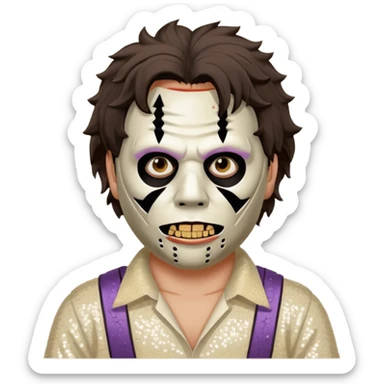 Leatherface with tan mask with dark brown hair, ivory sequin outfit  sticker