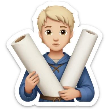 young apprentice painter carrying large rolled up sheets of drawing paper, medieval age sticker