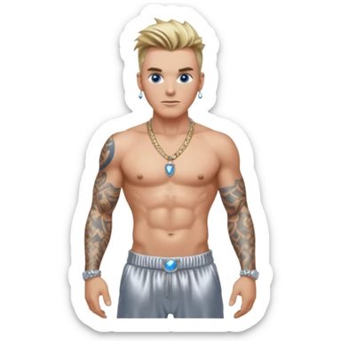 Vanilla Ice with blue eyes, dark blonde hair, shirtless with necklace, metallic silver harem pants  sticker