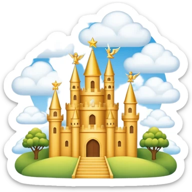 heaven with clouds everywhere, golden castles, and happy angels flying in emoji style sticker
