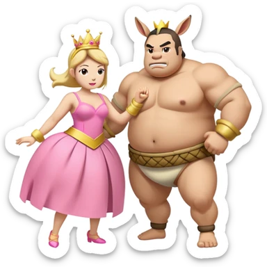 a banana dressed up like a sumo wrestler, fighting a donkey dressed up as a princess  sticker
