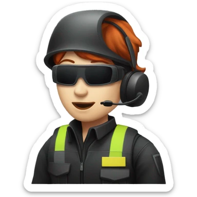 operator dressed in black with a milatary helmet, without glasses, wearing a headset, ready to respond to alerts, preferably red-haired female  sticker