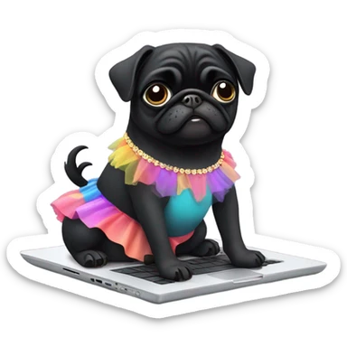 Black pug using a laptop while wearing a tutu dress sticker