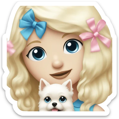 Blond girl white skin blue eyes hugging white Pomeranian with light pink bow sticker