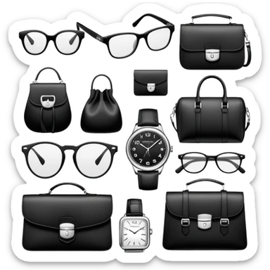 bags and watches, and glasses, all black and white put together like a bundle with no face, all luxury items sticker