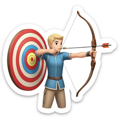 An archer drawing a bow and aiming an arrow at a target, with perfect focus and precision. The target is visible in the background, featuring concentric rings. The scene captures the concentration and skill involved in archery, emphasizing the elegance and accuracy of the sport. sticker