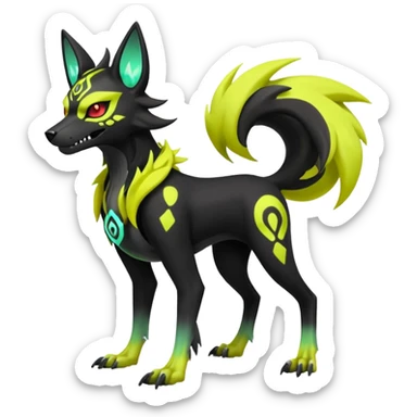 Cool handsome demonic skeletal black and neon green and neon yellow futuristic shiny colorful bioluminescent cyber-Poochyena-Lycanroc-Zorua-Litten-Houndoom-Fakémon-Pokémon-Digimon-hybrid-fusion (full body) with a skull face sticker