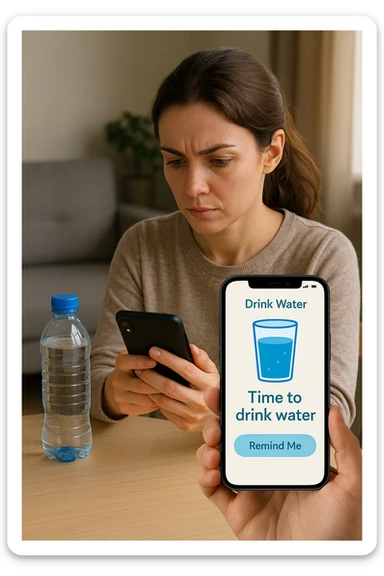 Donna che usa App per ricordarsi di bere, altrimenti non beve mai sticker