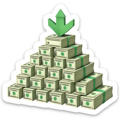 upward arrow next to gradually increasing stacks of dollar bill bundles, showing financial growth sticker