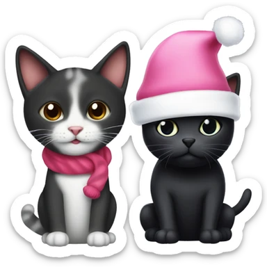 A twired baby cat with a pink Christmas hat and as a friend he has a black dog with a white belly and black snot ears and she has a red Christmas hat on sticker