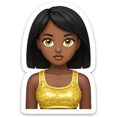 Christie from Barbie & Friends with brown eyes, black hair, yellow sequin crop top, dark skin sticker