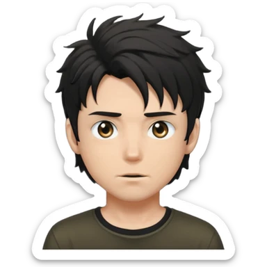 White male, black messy anime hair in his eyes, black shirt, black hunter eyes, hot  sticker