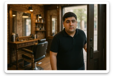 Shu odamni sartaroshxonaga kirib kelayapti  o'smirin davri rakurs ichkaridan sartaroshxona eski ham yangi ham emas bolani juda semiz qilib yuborma  u huddi sartaroshxonani  hammadan oldin kelib ochsinshu kadrni 2ta3ta rakursdan yarat sticker