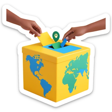 3D illustration of two hands gently placing a simplified Earth with green continents and blue oceans into a warm yellow ballot box, playful style, bold lines, soft textures sticker