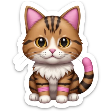 a  brown and black tabby cat, with a pink bandage on her front paw, sticker