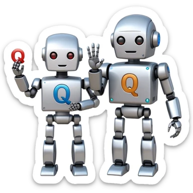 The robot holds the letter A in its left hand and the letter Q in its right hand. On the robot's body is the word Nghĩa. sticker